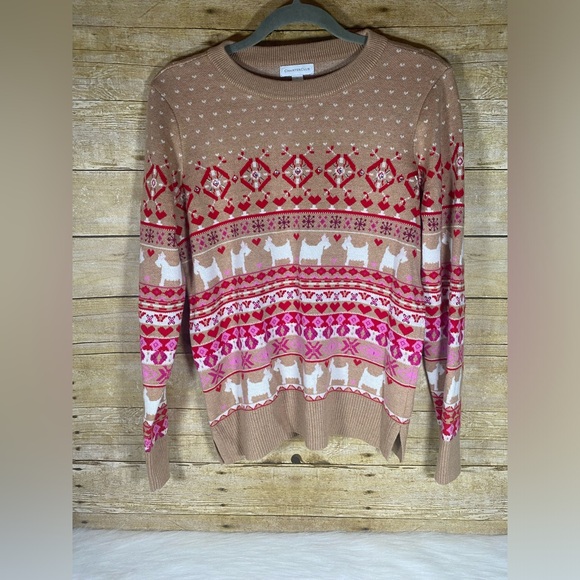 Charter Club Tan Scottie Dog Embellished Sweater Womens Size M Hearts Red Pink - Picture 1 of 8